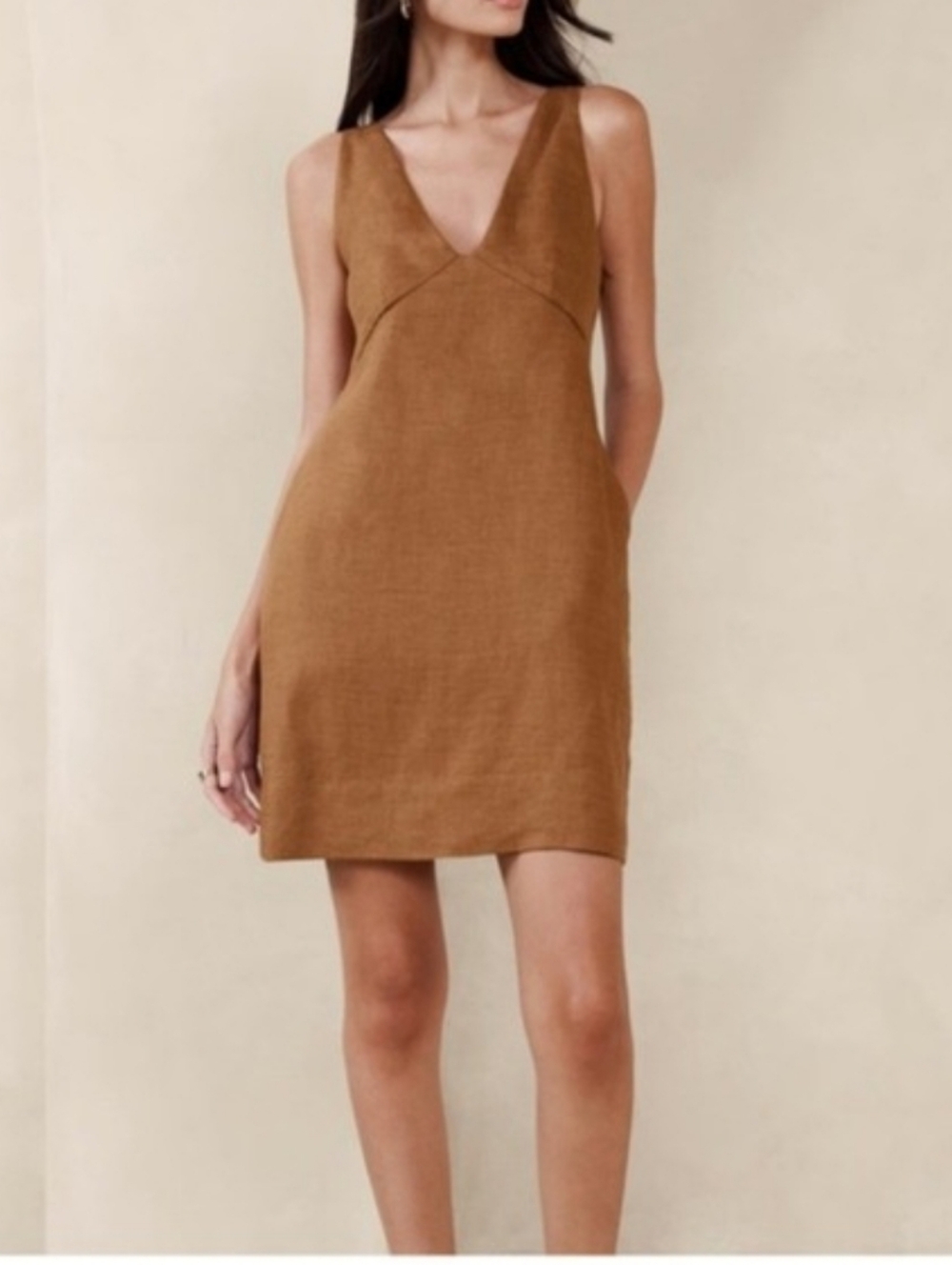 Banana Republic Lina Linen Sleeveless V-Neck Mini Dress in Camel Brown